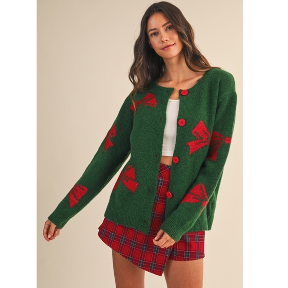 🌟 “The Gena" Christmas Bow Printed Wool Sweater Cardigan - Picture 2 of 4
